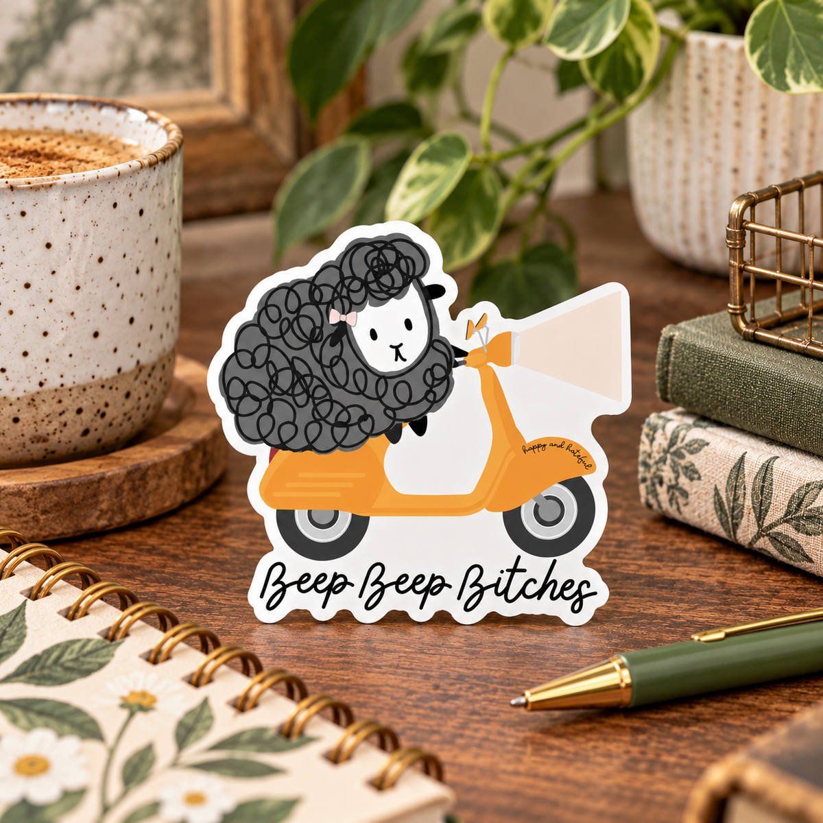 A die-cut sticker featuring a  cartoon sheep with messy black curly hair riding an orange/yellow scooter, with the text 'Beep Beep Bitches' below it, placed on a wooden desk surrounded by a coffee cup, notebook, pen, and plant.
