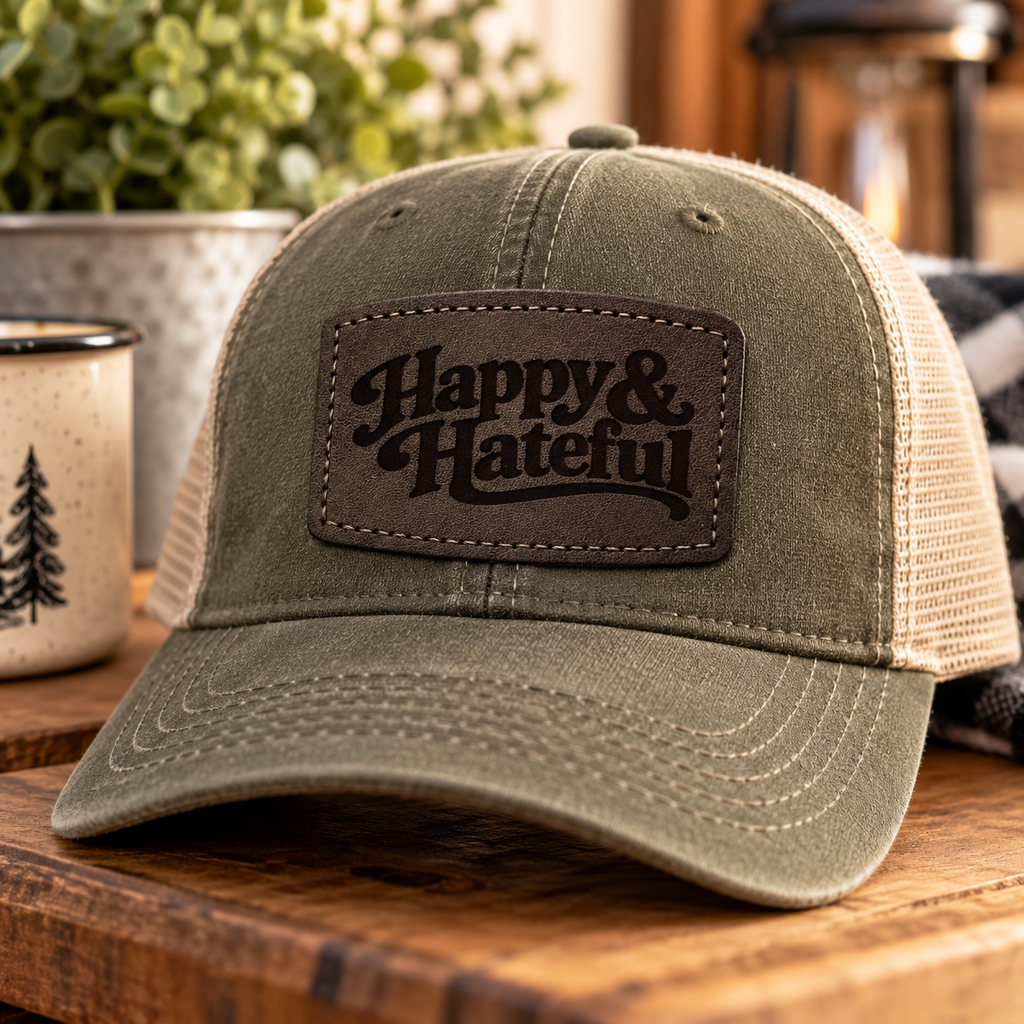 An olive green and beige trucker hat with a brown patch reading 'Happy & Hateful' sits on a wooden table in a cozy, rustic setting with a mug and plants in the background.