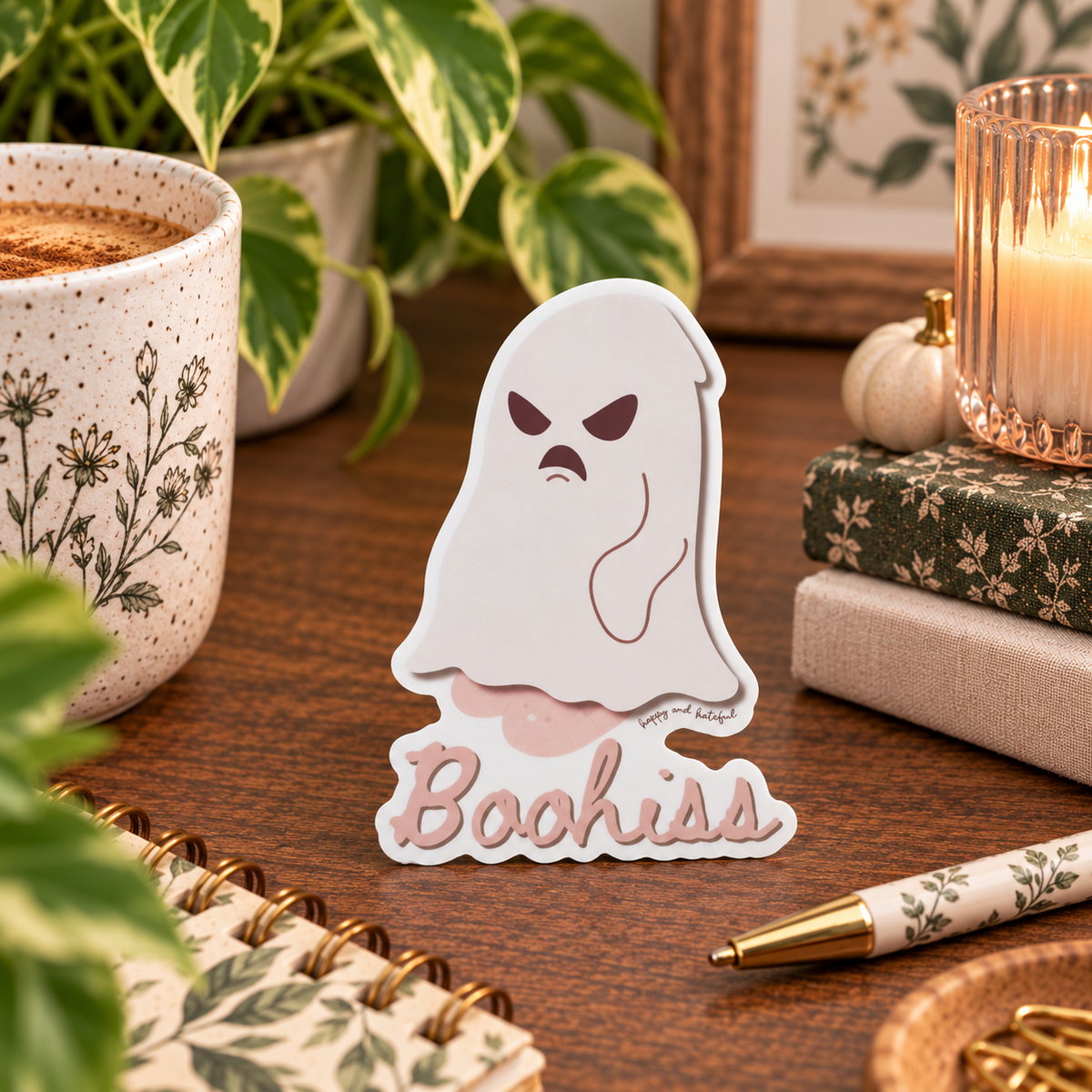 A die-cut sticker shaped like a ghost with an angry face and the word 'Baohiss' at the bottom, displayed on a wooden desk with a mug, plant, candle, books, and a pen around it.