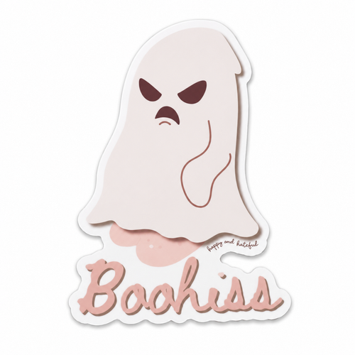 A die-cut sticker featuring a cartoon angry ghost with an angry face, above the word 'Bohiss' in pink script. Small cursive text near the ghost reads 'happy and hateful'.
