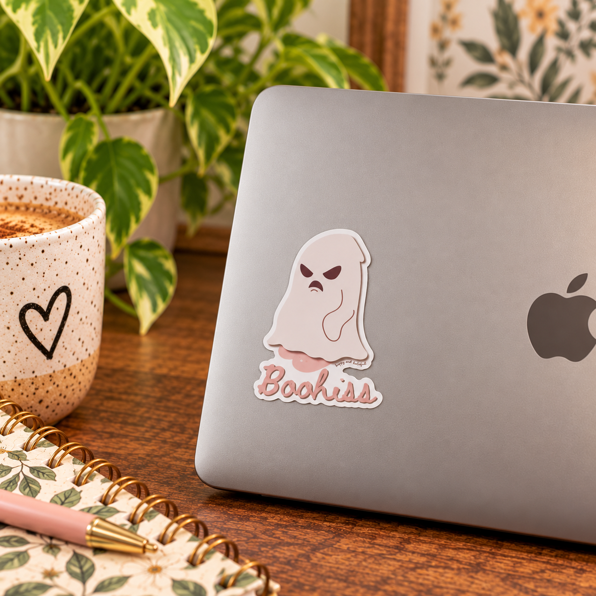 A die-cut sticker featuring a ghost with an angry expression and the word 'Booohiss' in pink script, shown on the back of a silver laptop. The laptop sits on a wooden desk next to a coffee mug, a notebook, and a pink pen, with a potted plant in the background.