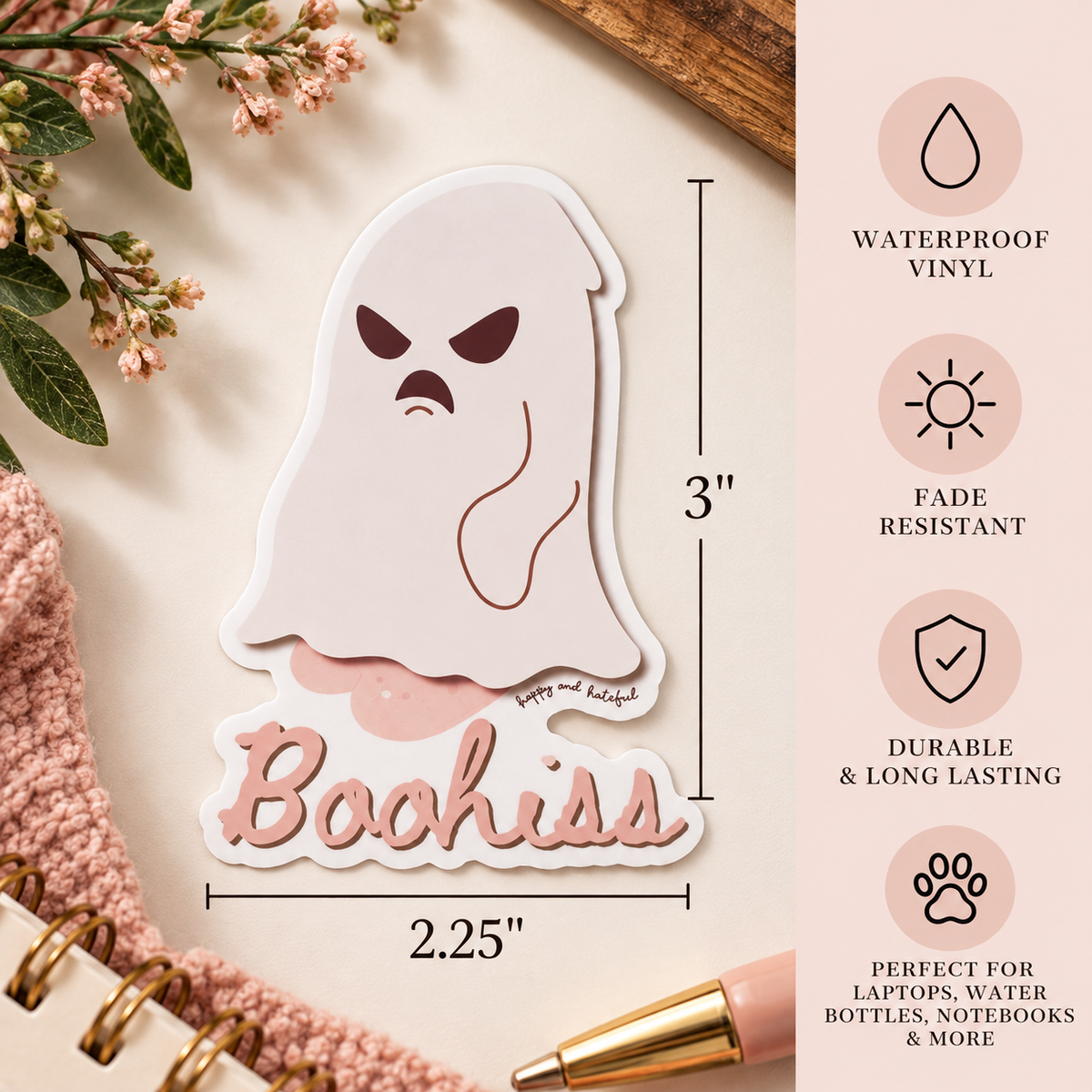 A cute ghost-shaped sticker with an angry face and the word 'Boohiss' at the bottom, shown with dimension lines indicating 3 by 2.25 inches.