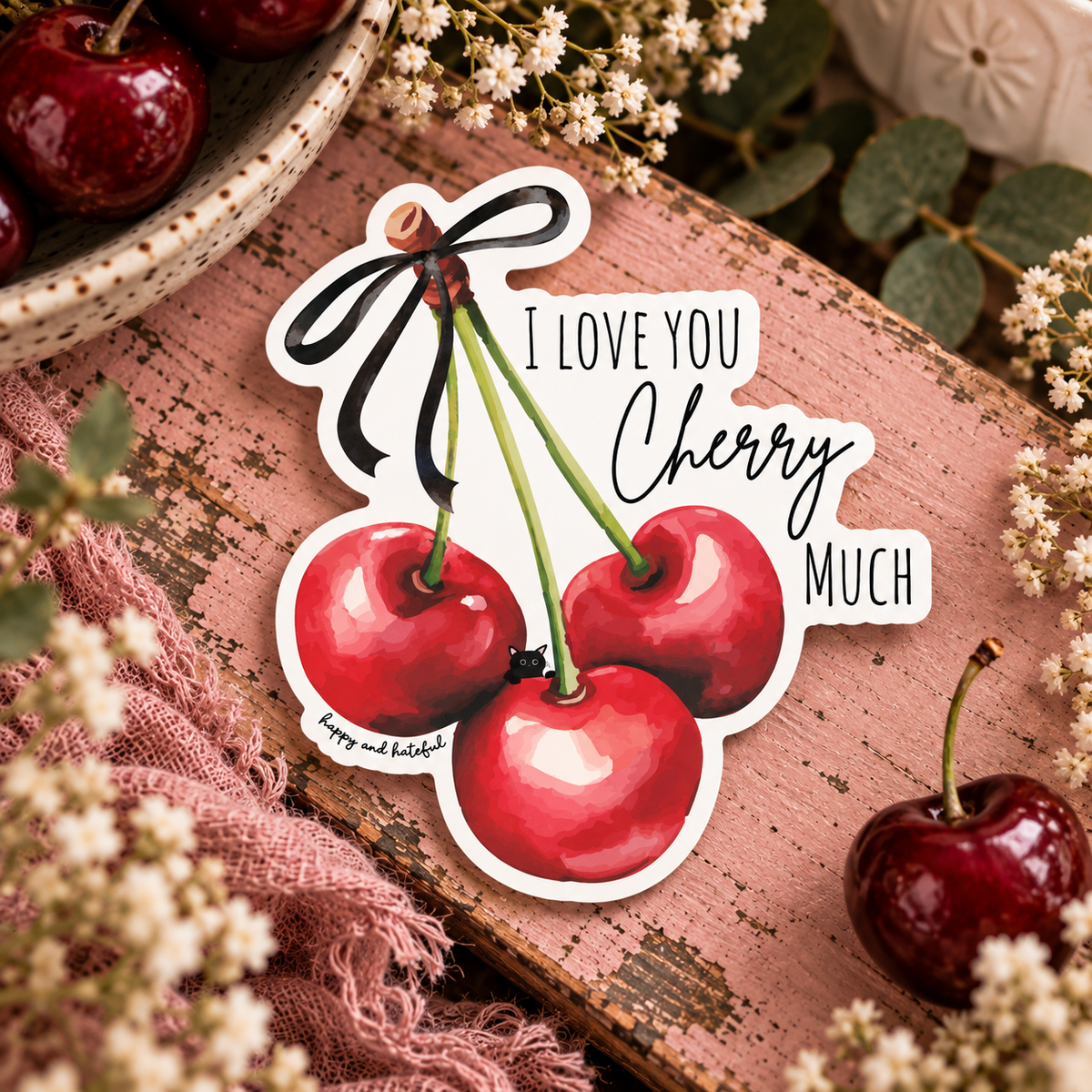 A die-cut sticker featuring three red cherries with green stems and a black bow, with the text 'I LOVE YOU Cherry MUCH' on a rustic pink wooden surface surrounded by flowers and cherries.