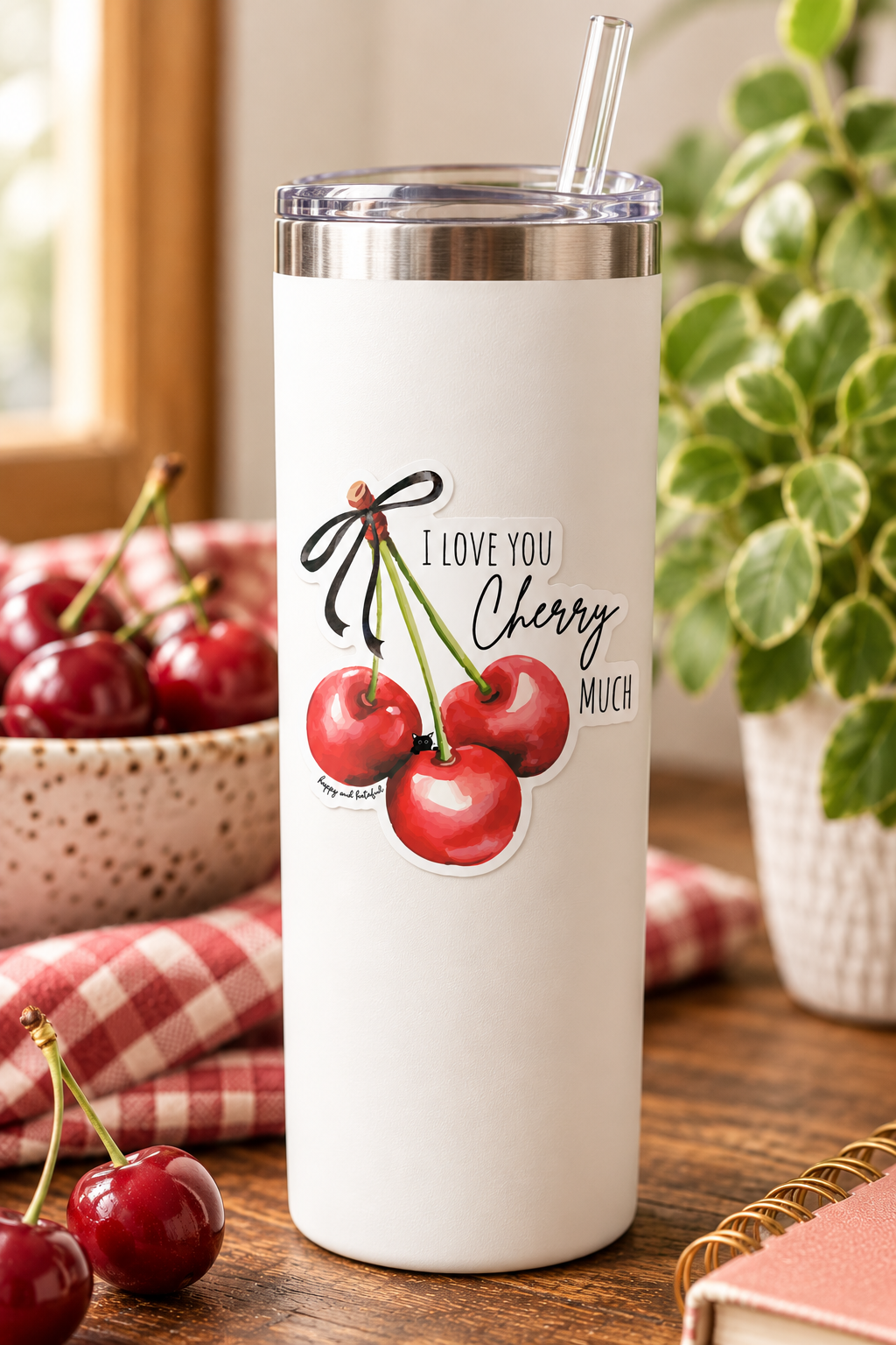 A die-cut sticker featuring three red cherries with green stems and a black bow, with the text 'I LOVE YOU Cherry MUCH' on a tall white tumbler. Background includes a plant, bowl of cherries and a red checkered tablecloth.