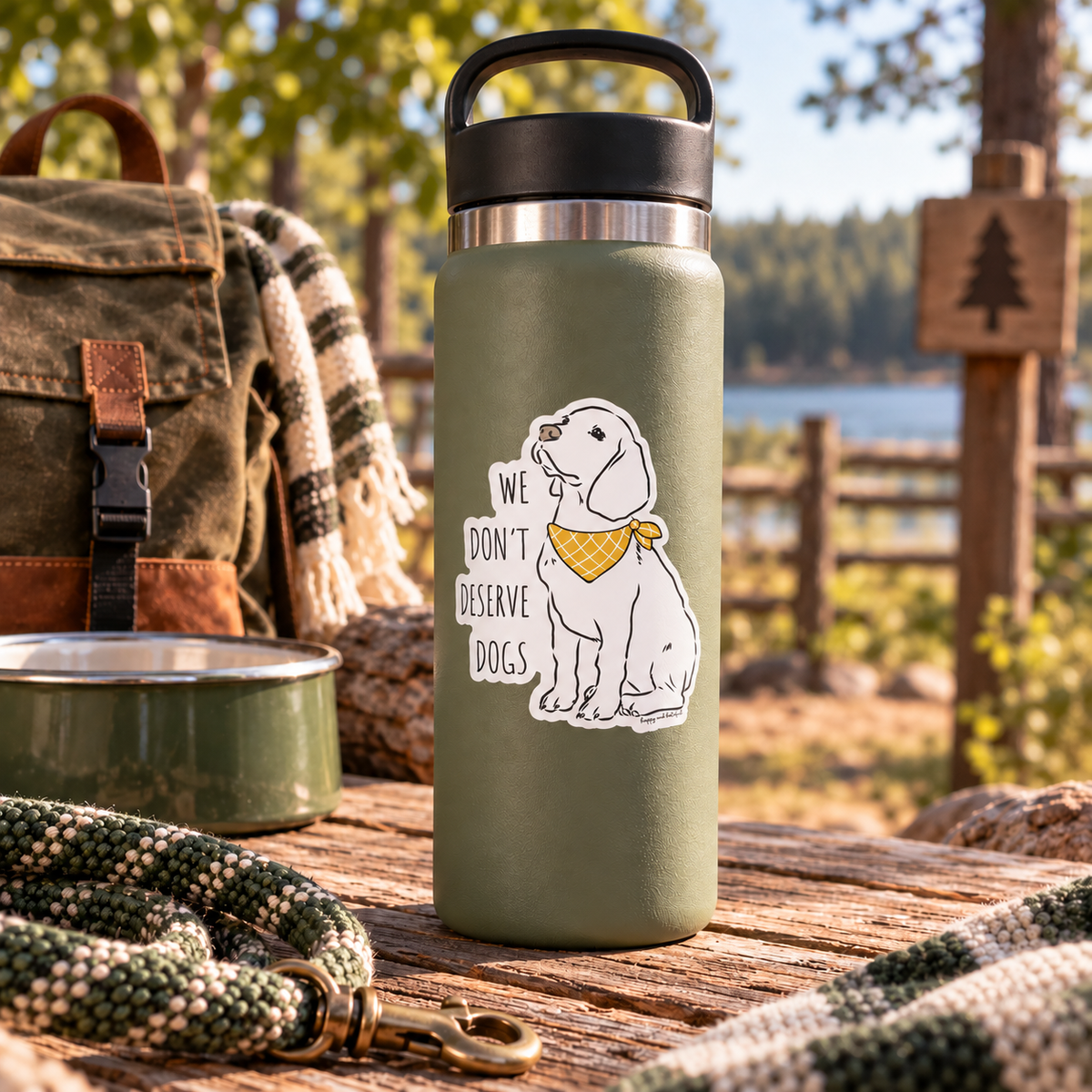 An olive green insulated water bottle with a black lid and handle stands on a wooden table outdoors. The bottle has a sticker of a white Labrador Retriever wearing a yellow bandana, next to the text 'WE DON'T DESERVE DOGS'.