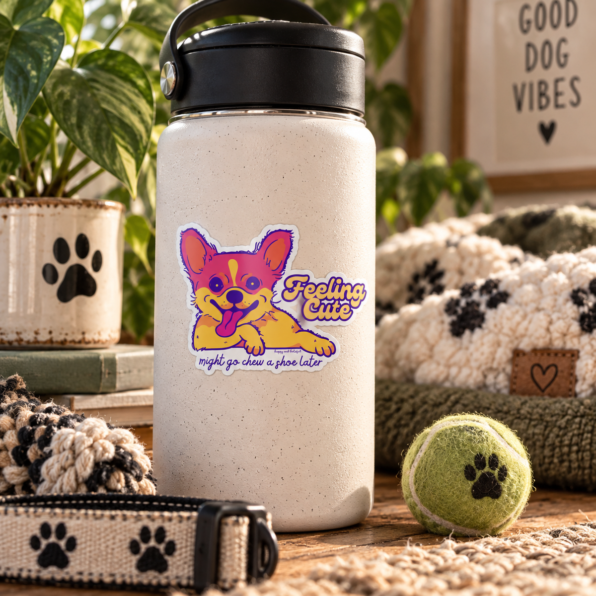 A speckled off-white insulated water bottle with a black lid stands on a wooden surface in a styled home setting. The bottle has a colorful cartoon dog sticker that reads 'Feeling Cute might go chew a shoe later'.