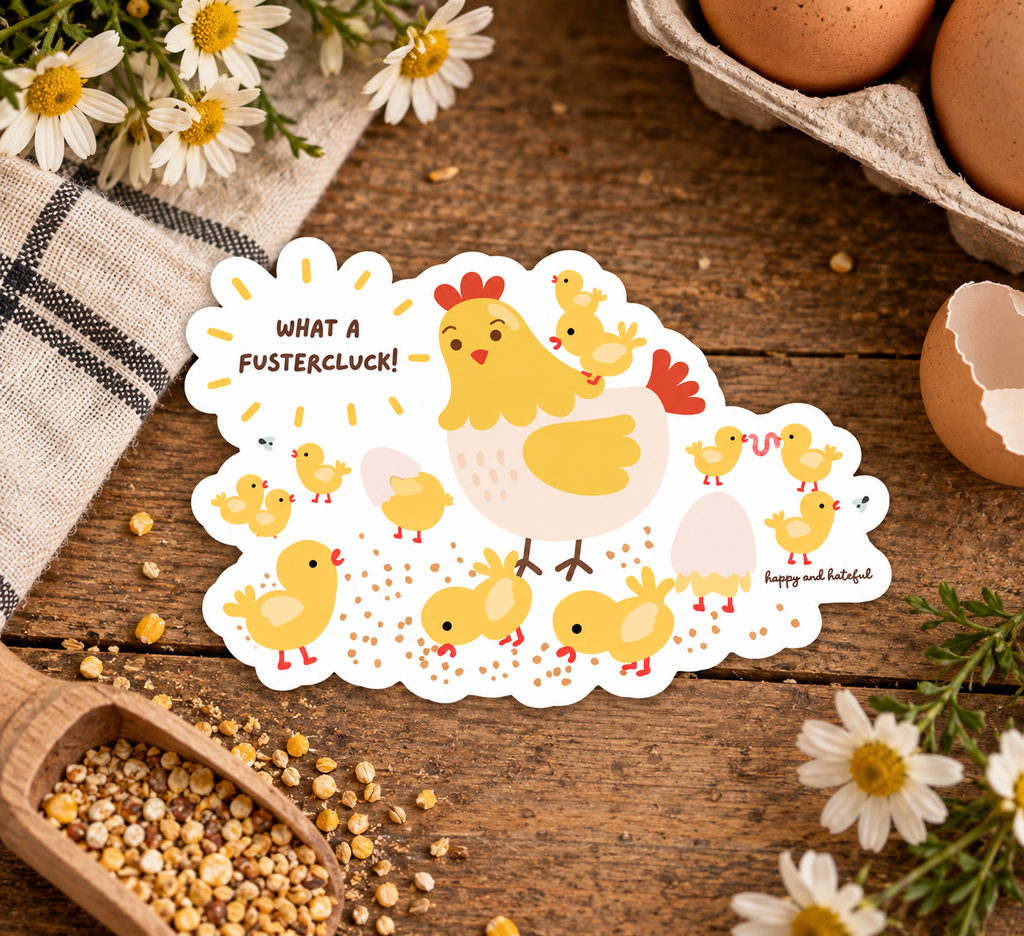 A die-cut sticker featuring a cute cartoon hen and chicks with the text 'WHAT A FUSTERCLUCK!' is displayed on a rustic wooden table surrounded by eggs, daisies, and a wooden scoop of feed.
