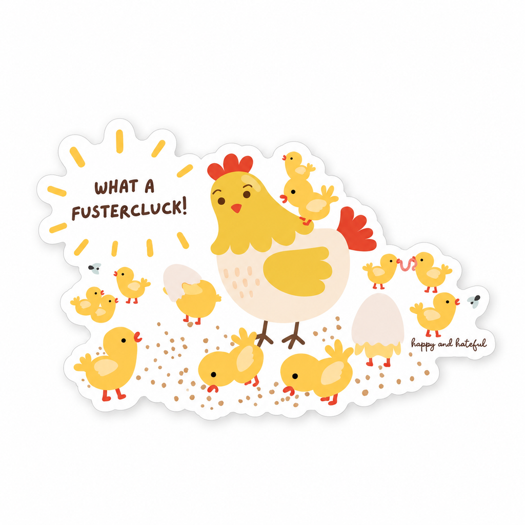 A cartoon-style die-cut sticker showing a cute cartoon hen and chicks with the text 'WHAT A FUSTERCLUCK!'