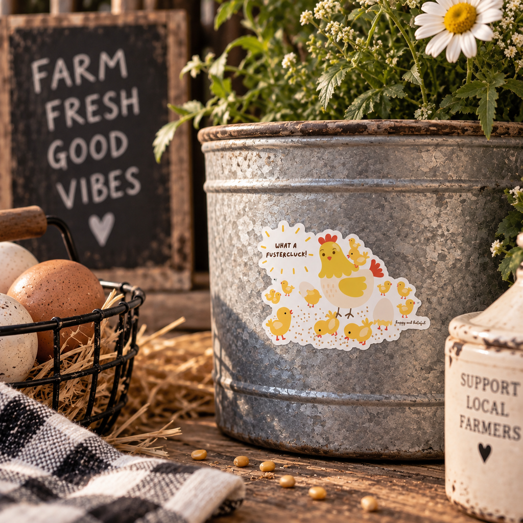A die-cut sticker featuring a cute cartoon hen and chicks with the text 'WHAT A FUSTERCLUCK!' applied to the front of a galvanized metal bucket. The bucket is styled in a rustic farm setting with a basket of eggs, a chalkboard sign reading 'FARM FRESH GOOD VIBES', and a white daisy flower.