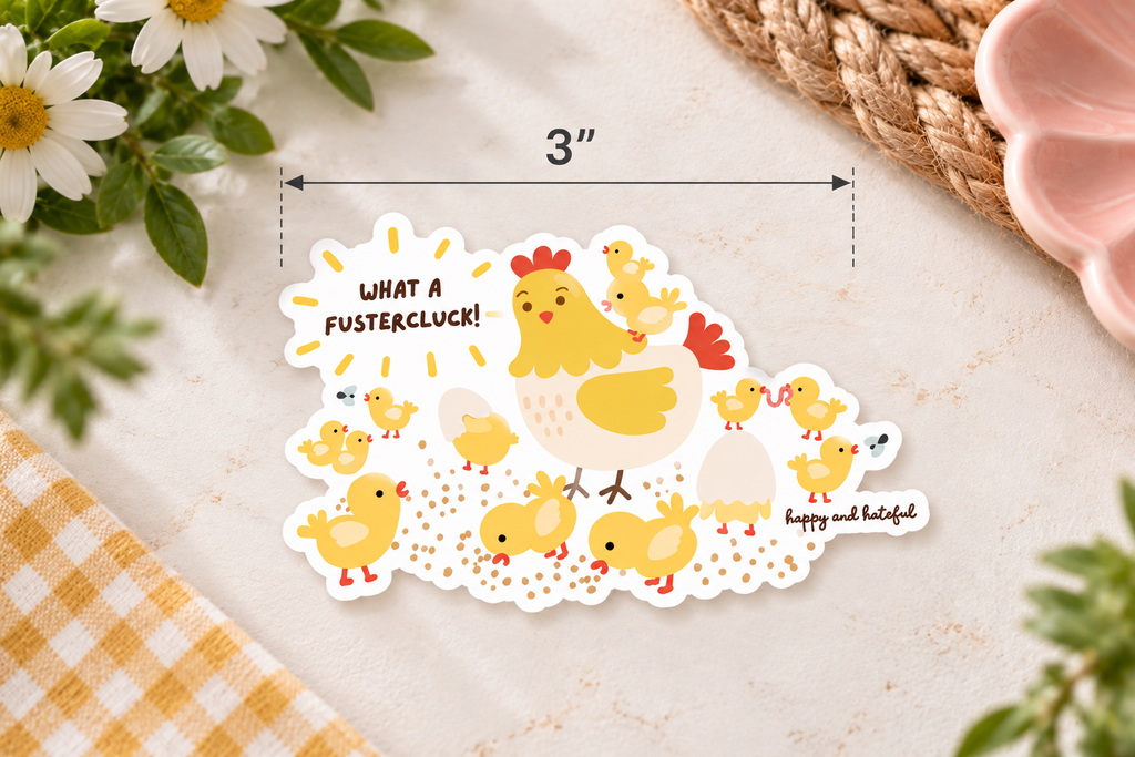 A die-cut sticker featuring a cute cartoon hen and chicks scene with the text 'WHAT A FUSTERCLUCK!' and 'happy and happy!', shown on a light surface with a 3-inch dimension marker. The scene includes flowers, a woven mat, and a pink dish as styled props.