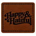 A square brown patch with rounded corners, featuring the words 'Happy & Hateful' in a black decorative script. The patch has a visible stitched border and a textured leather surface, shown against a plain white background.