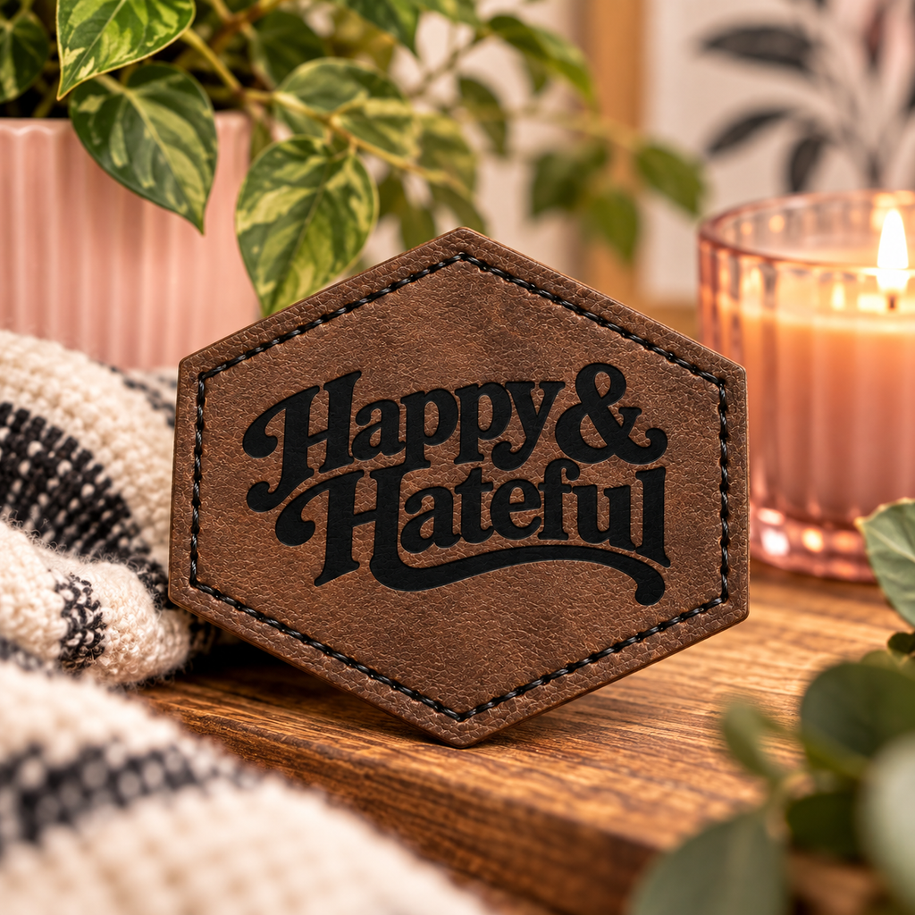 A hexagonal brown patch with black embroidered text reading 'Happy & Hateful' sits on a wooden surface in a cozy styled setting with a candle, plant leaves, and a knit blanket.