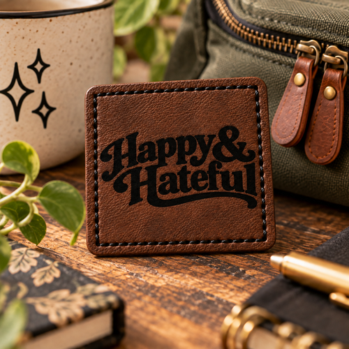 A square brown patch with the words 'Happy & Hateful' in black script, styled on a wooden tabletop with a mug, notebook, pen, and pouch nearby.