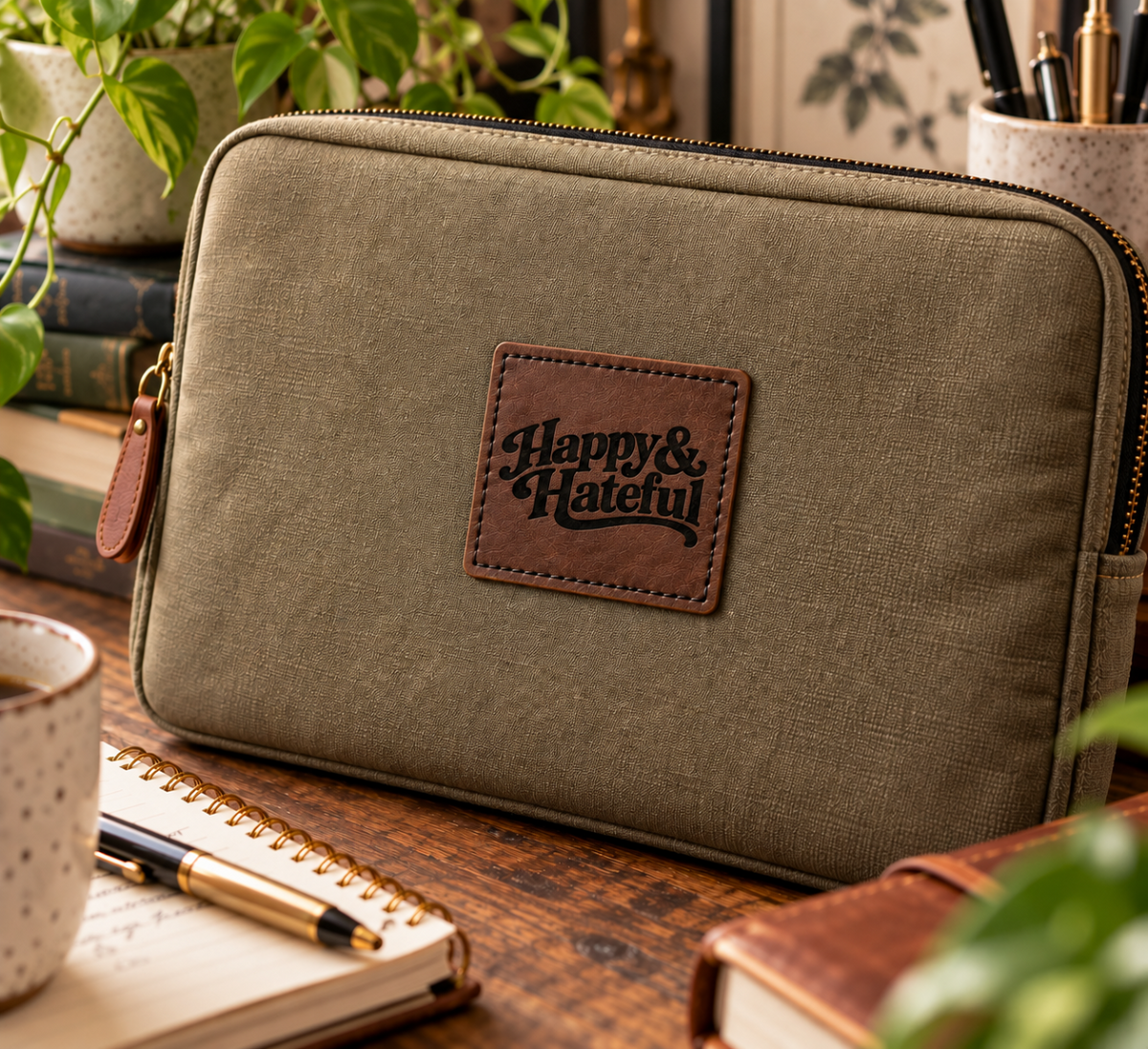 An olive green canvas zippered pouch with a brown leather patch reading 'Happy & Hateful' in black script, styled on a wooden desk with notebooks, a coffee mug, and plants.