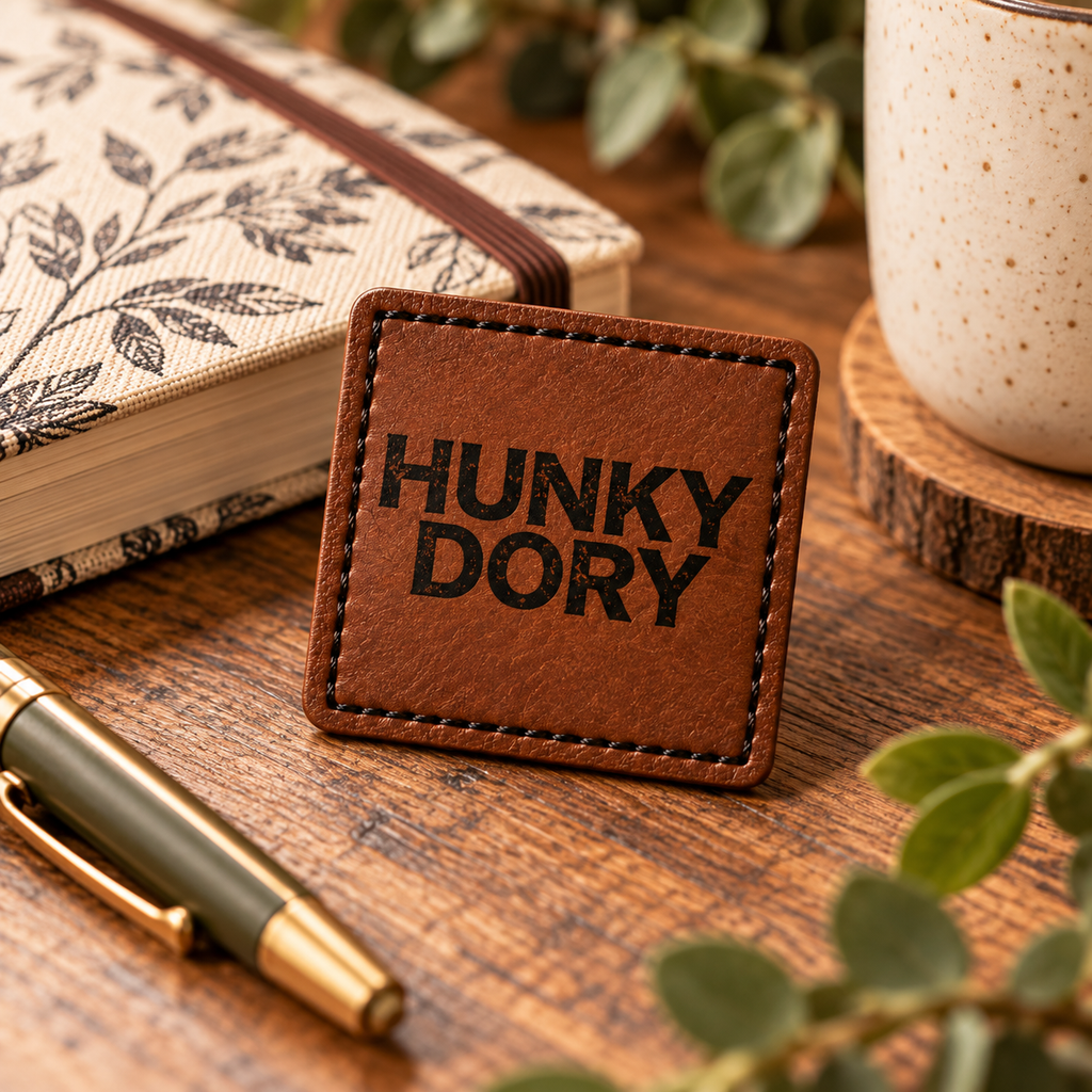 A square brown patch with the words 'HUNKY DORY' in black lettering, styled on a wooden tabletop with a notebook, pen, mug, and greenery.