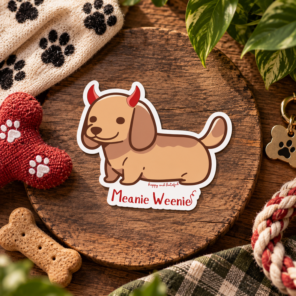 A die-cut sticker featuring a cartoon tan dachshund with red devil horns and the text 'Meanie Weenie' on a wooden board, surrounded by dog-themed props including a red bone toy, a paw-print knit blanket, and a rope toy.
