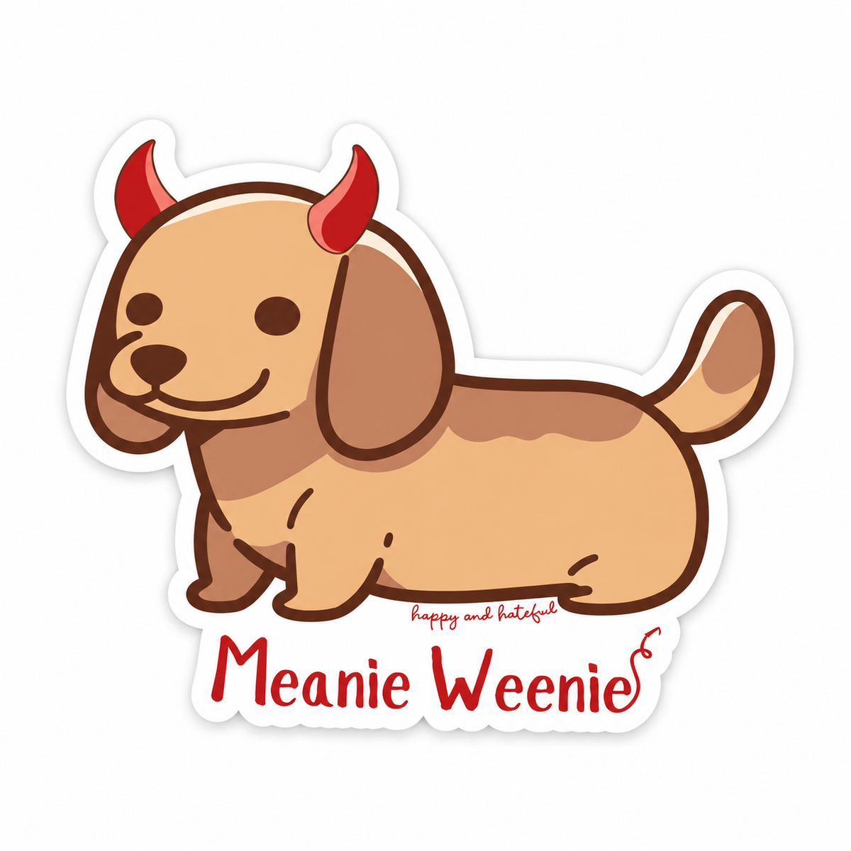 A die-cut sticker featuring a cartoon dachshund with red devil horns and the text 'Meanie Weenie' in red script, shown on a plain white background.