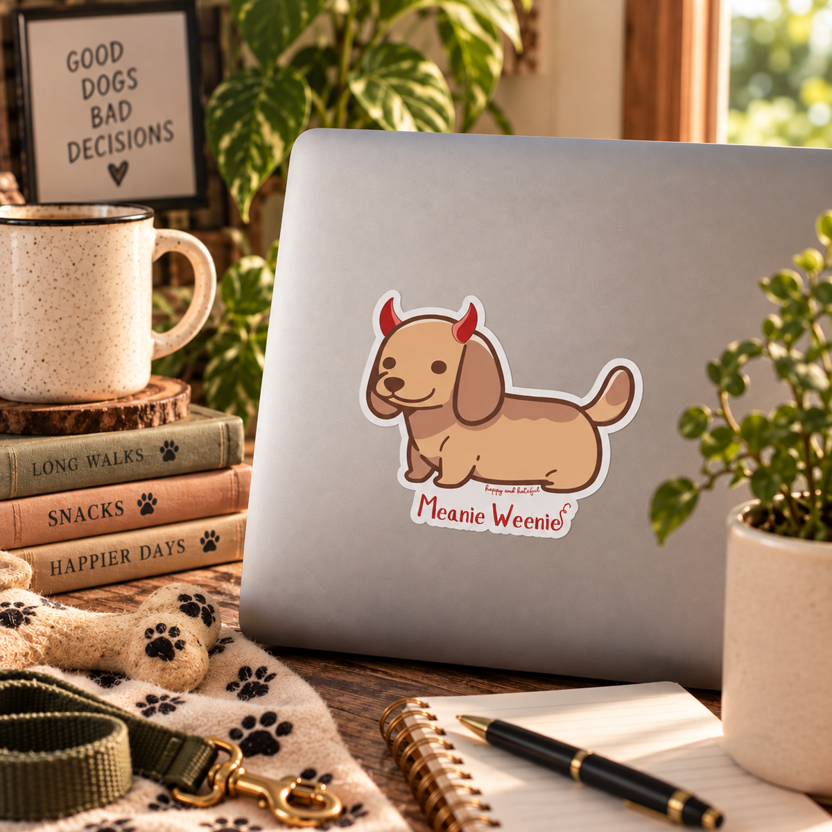 A die-cut vinyl sticker featuring a cartoon dachshund with devil horns and the text 'Meanie Weenie' is shown on the back of a silver laptop. The laptop is placed on a wooden desk in a cozy, styled room setting with a mug, books, plants, and a pen.