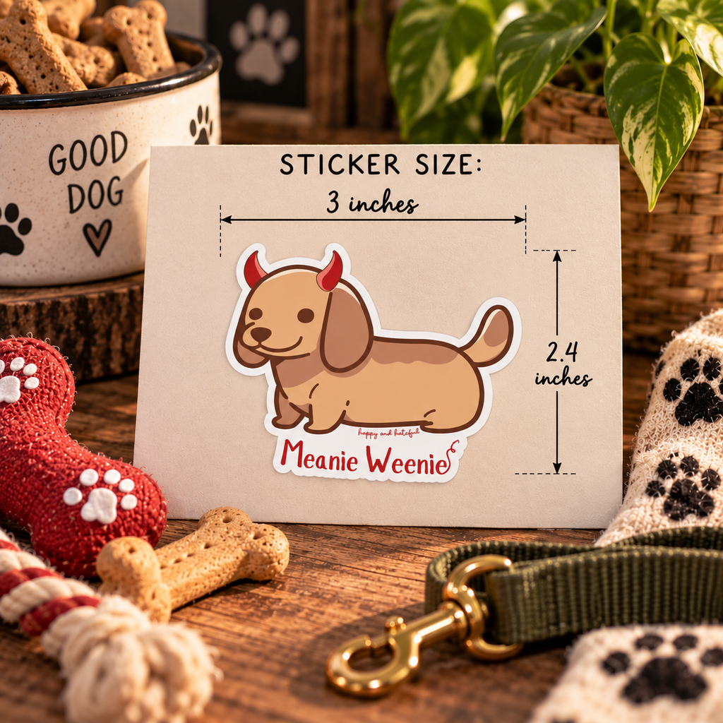 A cartoon tan dachshund with red devil horns and the text 'Meanie Weenie'  sticker shown on a size card, surrounded by pet-themed props including a leash, bones, a red toy, and a plant. 