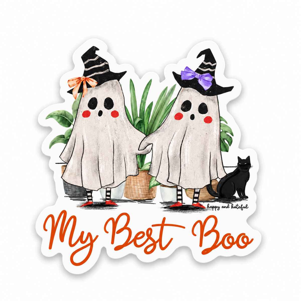 A die-cut sticker featuring two cute cartoon ghosts dressed as witches, potted plants, a black cat, and the phrase 'My Best Boo' in script, shown on a plain white background.