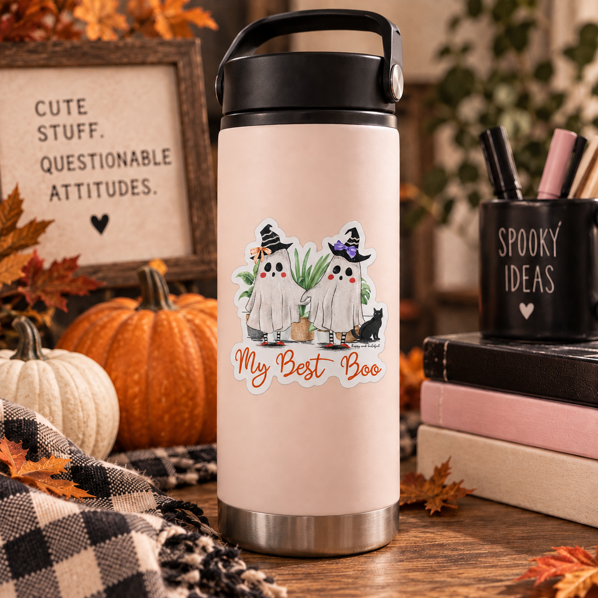 A cream-colored insulated travel tumbler with a black lid and base, featuring a cute cartoon graphic of two ghosts dressed as witches with the text 'My Best Boo' at the bottom. The tumbler is styled on a wooden table with autumn props including pumpkins, a plaid blanket, and a mug.