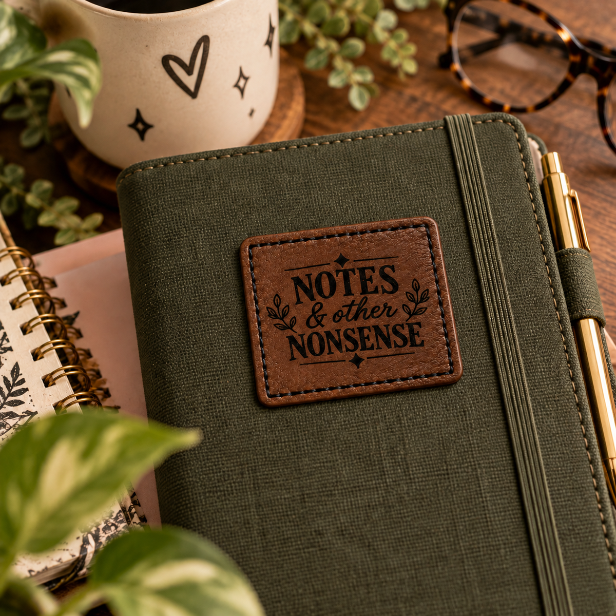 An olive green fabric-covered notebook or planner cover with a patch reading “NOTES & other NONSENSE,” styled on a wooden desk with a pen, another spiral notebook, a mug, and plants.