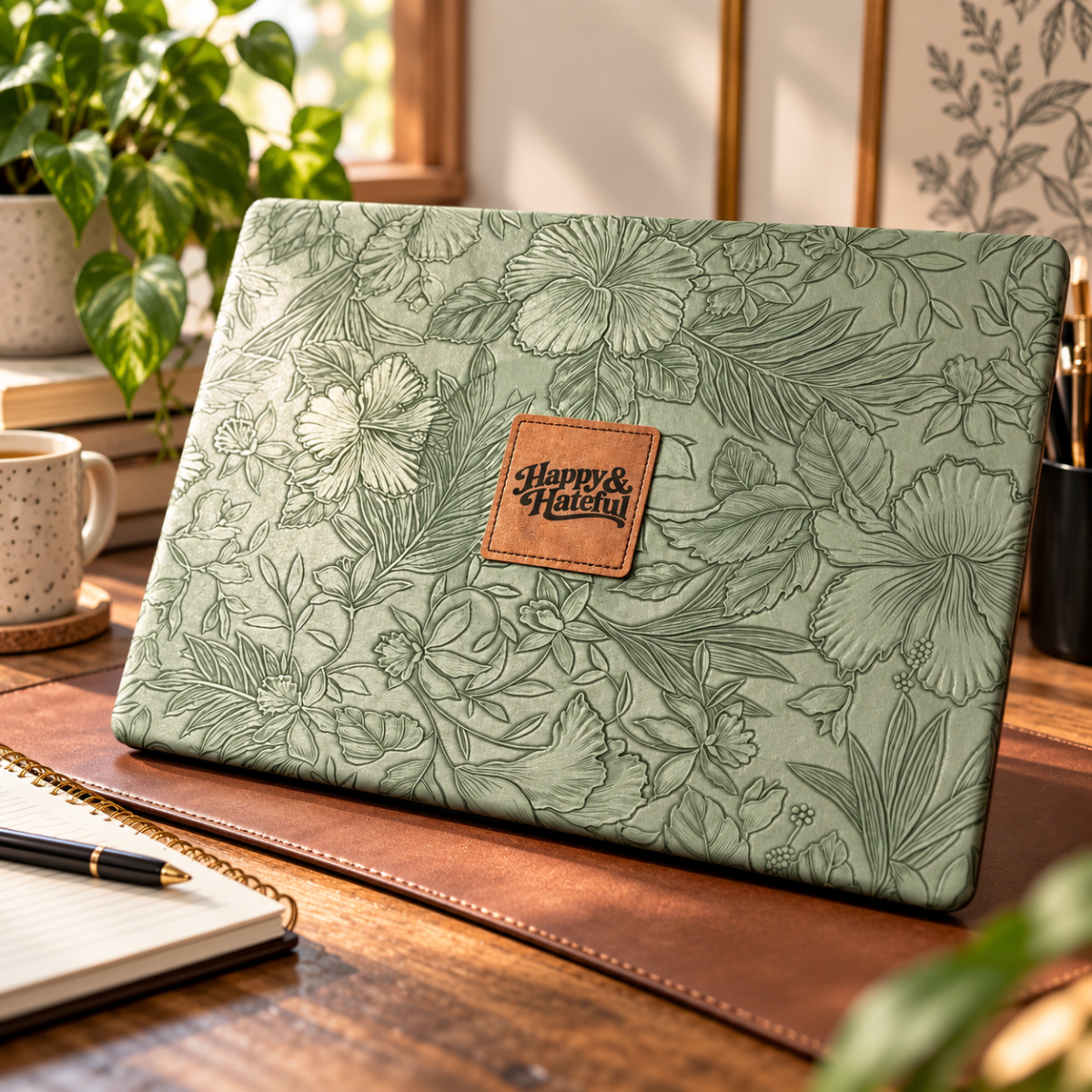 A green floral-patterned tablet sleeve or folio case with a brown leather patch reading 'Happy & Heavy' sits open on a wooden desk beside a notebook, pen, mug, and plants.