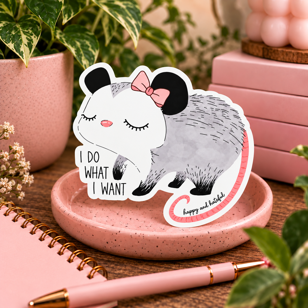 A cute die-cut sticker featuring a gray and white possum with a pink bow and the text 'I DO WHAT I WANT', displayed on a pink speckled dish with a pink pen and notebook in a styled desk setting.