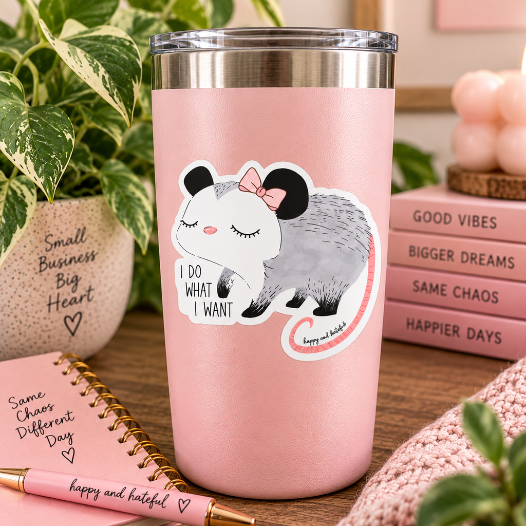 A pink insulated tumbler with a stainless steel lid sits on a wooden desk surrounded by lifestyle props, including a potted plant, a pink notebook, and a stack of pink books. The tumbler features a die-cut sticker of a cartoon gray and white possum with a pink bow and the text 'I DO WHAT I WANT'.