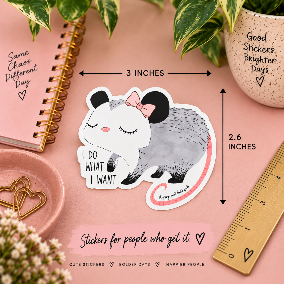 A die-cut sticker featuring a gray and white possum with a pink bow and the text 'I DO WHAT I WANT' is shown on a pink desk flat-lay. The image includes dimension arrows indicating the sticker is 3 inches by 2 inches.