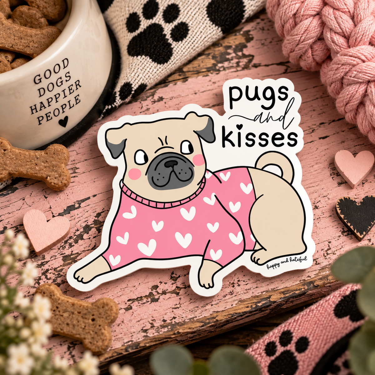 A die-cut sticker featuring a cute cartoon pug wearing a pink sweater with white hearts and the words 'pugs and kisses' above it, displayed on a rustic pink wooden surface with dog treats, a dog bowl, and pink yarn around it.