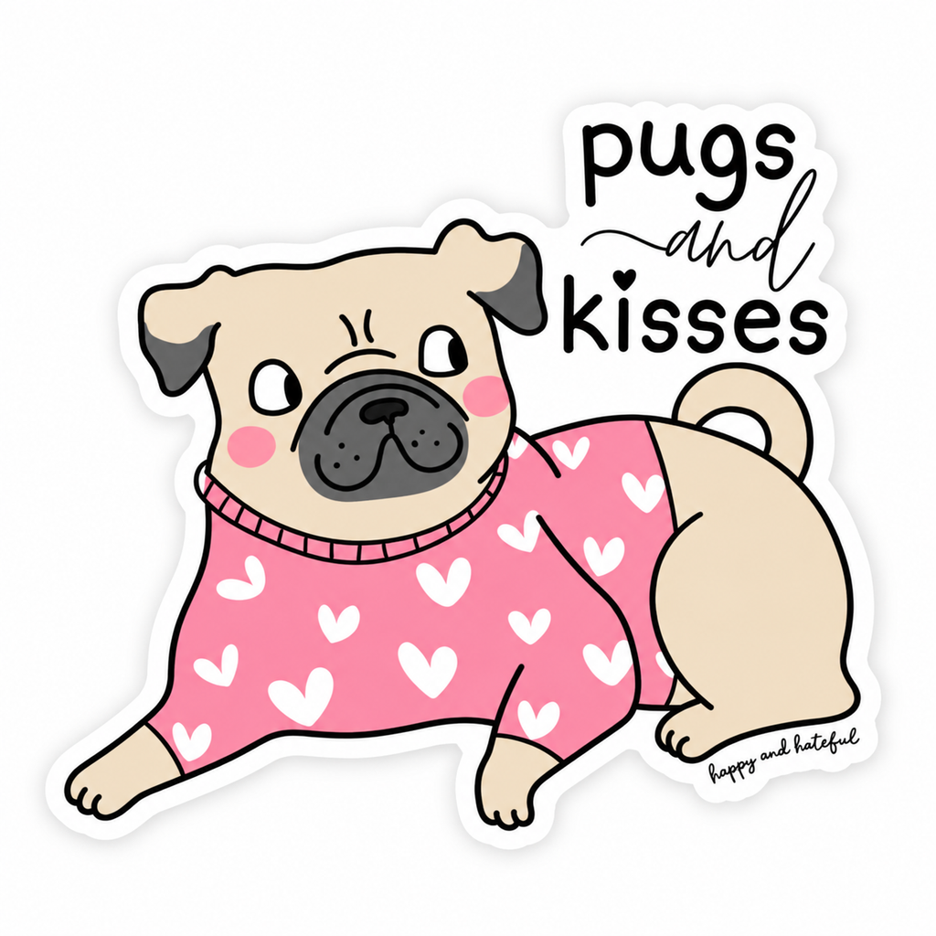 A die-cut sticker featuring a cartoon pug wearing a pink sweater with white hearts, next to the text 'pugs and kisses' on a white background.