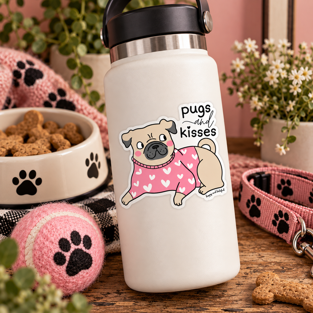 A white insulated water bottle with a black lid and silver rim, featuring a cartoon pug wearing a pink sweater with heart patterns and the text 'pugs and kisses' on the front. The bottle is styled on a wooden table with dog toys, a pink ball, a bowl of dog treats, a pink leash, and plants in the background.