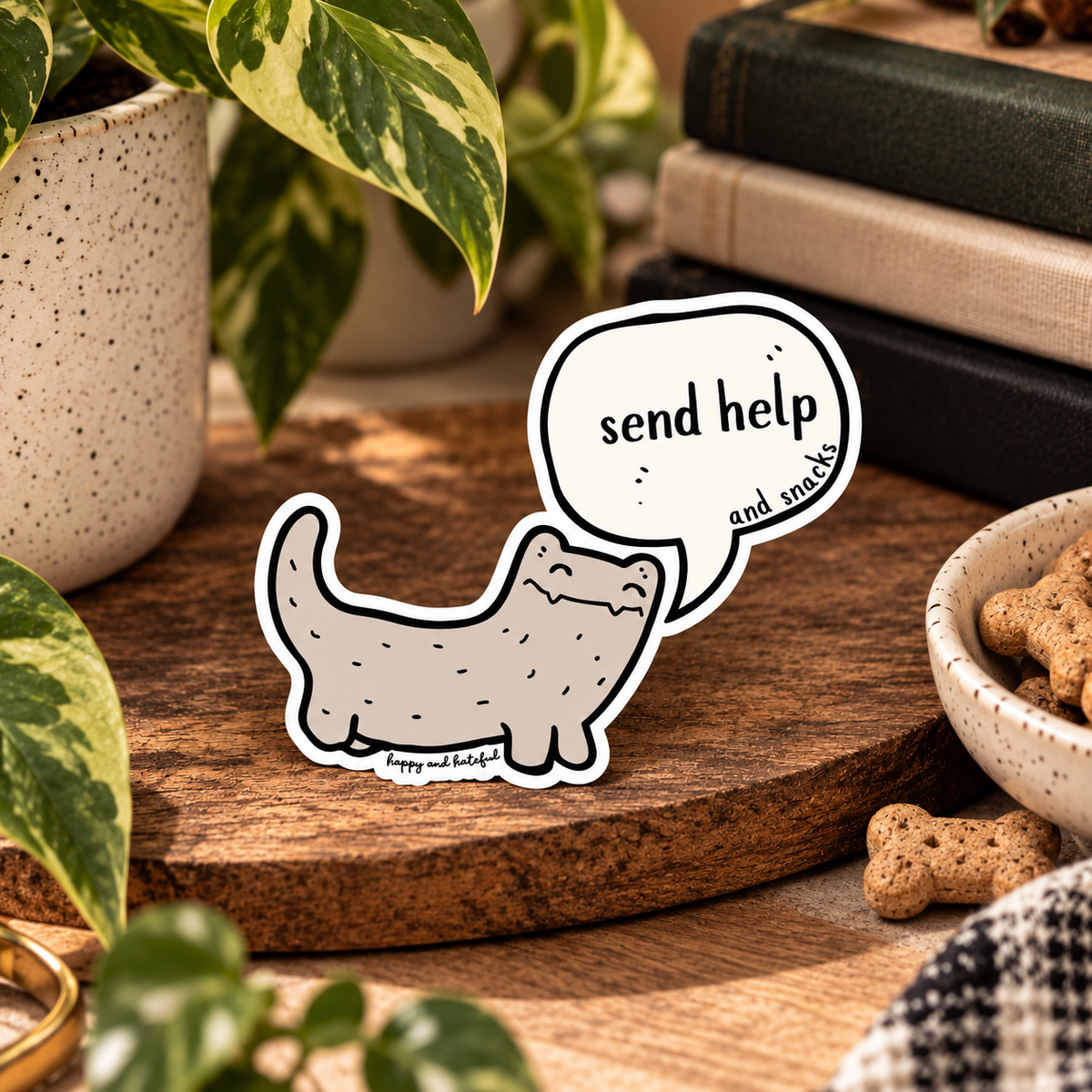 A die-cut sticker featuring a cartoon hellbender with a speech bubble that says 'send help and snacks' placed on a wooden board in a styled tabletop scene with plants, books, and pet treats.