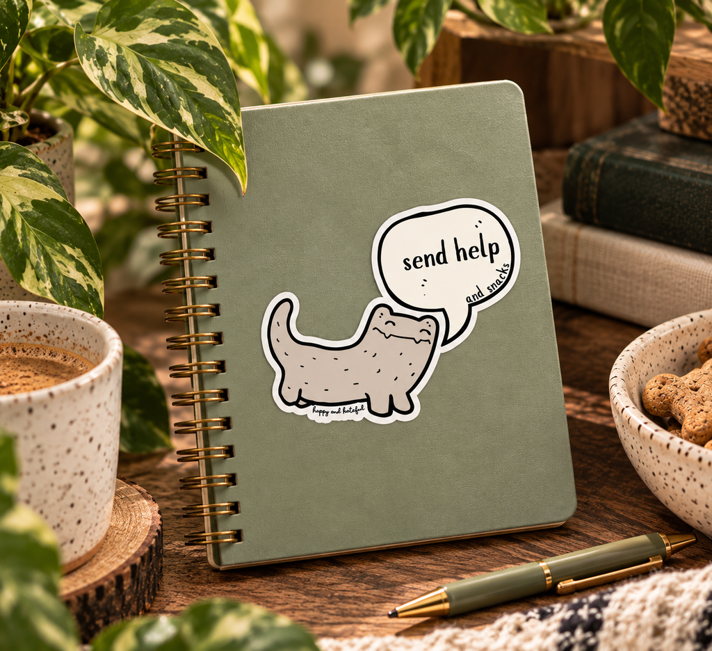 A spiral-bound notebook with a muted sage green cover sits on a wooden table, decorated with a cartoon sticker of a hellbender saying 'send help and snacks.' The notebook is styled in a cozy desk setting with a coffee cup, green plants, books, and a pen.