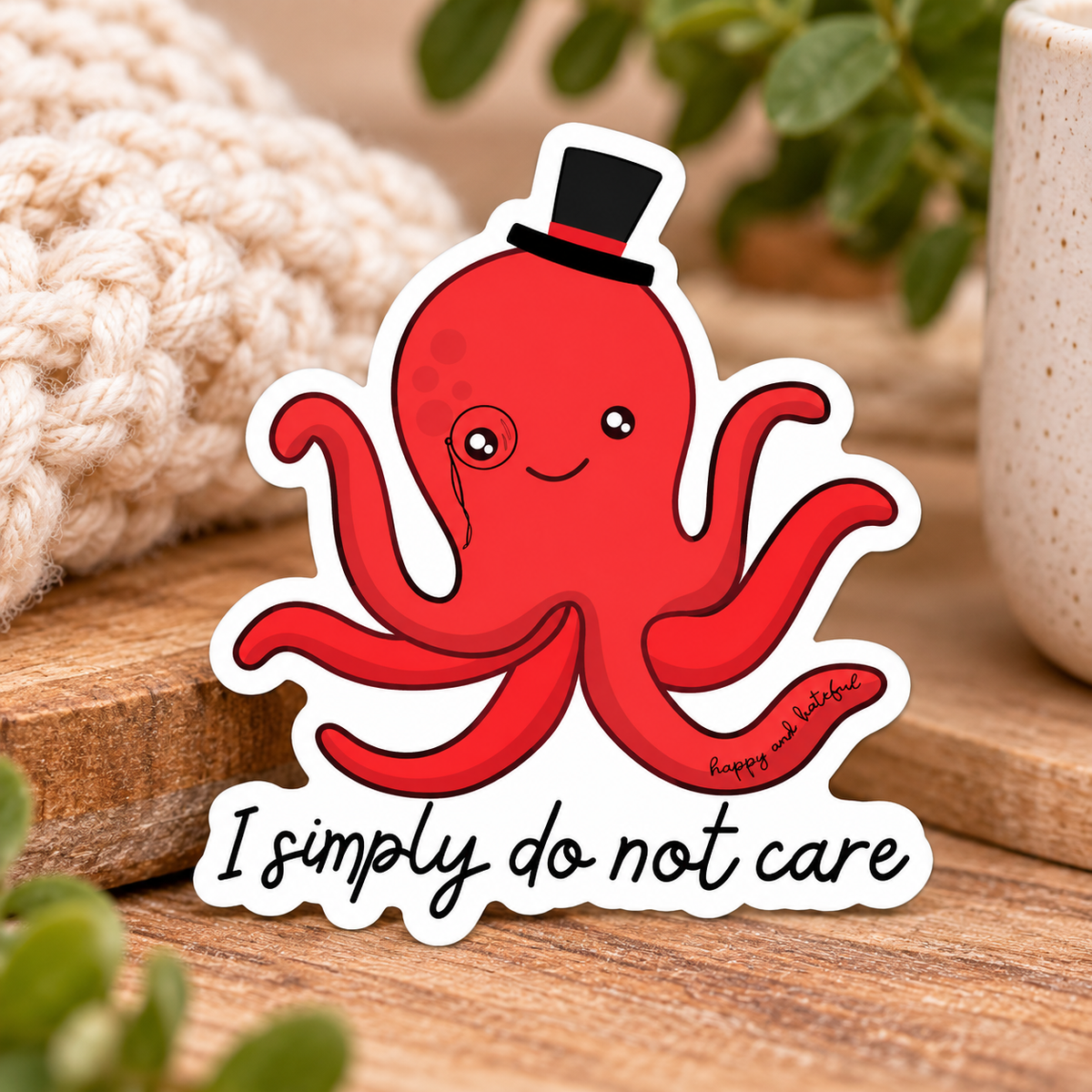 A die-cut vinyl sticker featuring a bright red octopus wearing a black top hat and monocle with "I simply do not care" in text below it. Background has plants, knitted blanket, and on a wooden surface.