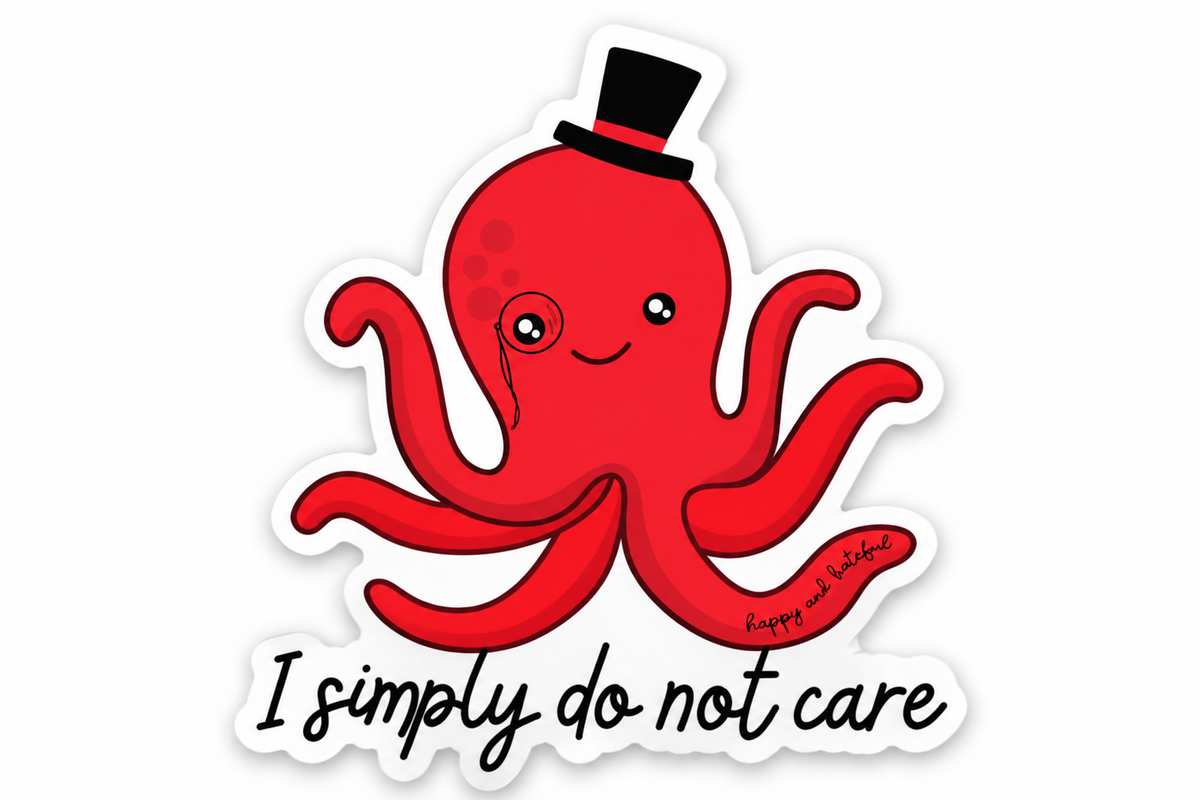 A die-cut vinyl sticker featuring a bright red octopus wearing a black top hat and monocle with "I simply do not care" in text below it. 