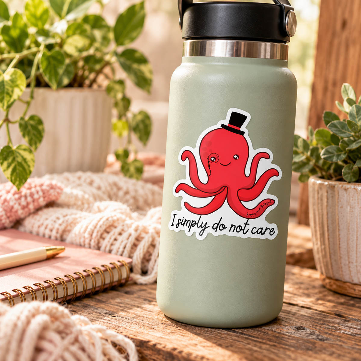 A die-cut vinyl sticker featuring a bright red octopus wearing a black top hat and monocle with "I simply do not care" in text below it shown on a sage water bottle. Background has plants, notebook and pen, a knit blanket, all on a wooden table. 