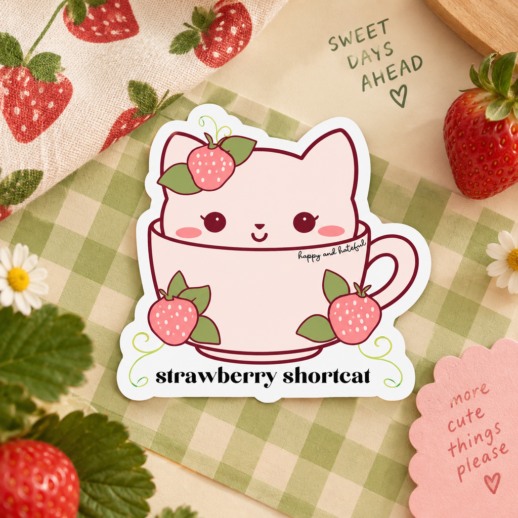 A die-cut sticker featuring a cute cartoon cat peeking out of a pink teacup, decorated with pink strawberries and green leaves. The text 'strawberry shortcut' is printed at the bottom', placed on a green-and-white checkered surface with strawberries and small flowers around it.
