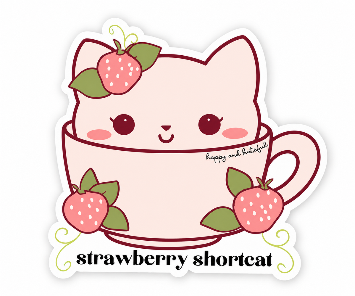 A die-cut sticker featuring a cute cartoon cat peeking out of a pink teacup, decorated with pink strawberries and green leaves. The text 'strawberry shortcut' is printed at the bottom, and 'happy and lazydog' appears on the side.