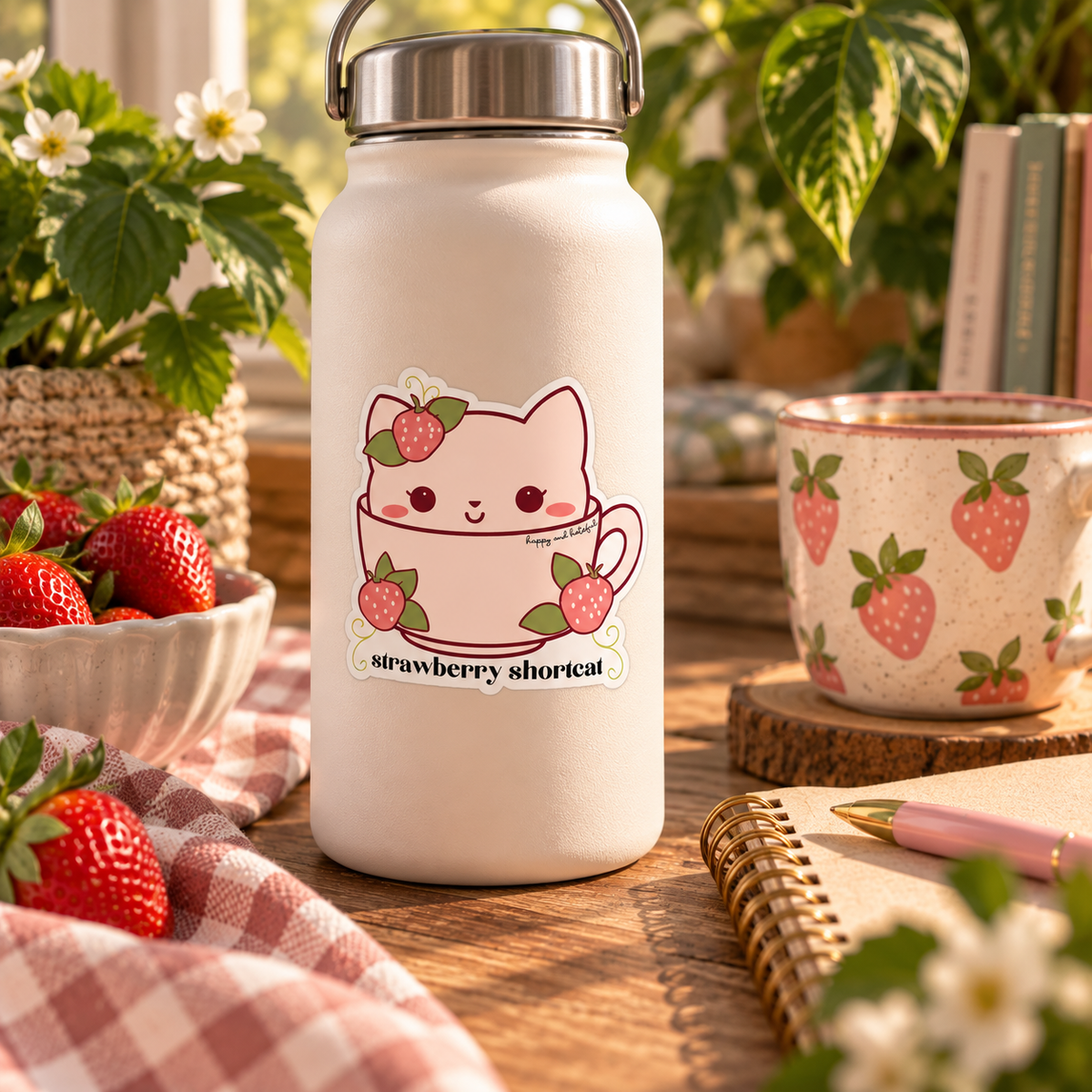 A white insulated water bottle with a stainless steel lid sits on a wooden table in a styled kitchen-like setting. The bottle features a cute cartoon cat peeking out of a pink teacup, decorated with pink strawberries and green leaves. The text 'strawberry shortcut' is printed at the bottom