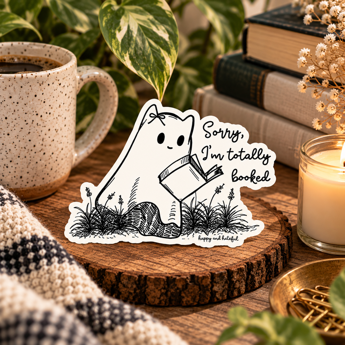 A die-cut sticker featuring a cute black-and-white cartoon ghost cat reading a book with the text "Sorry, I'm totally booked" placed on a wooden slice coaster in a cozy styled setting with a mug, books, candle, and plants.