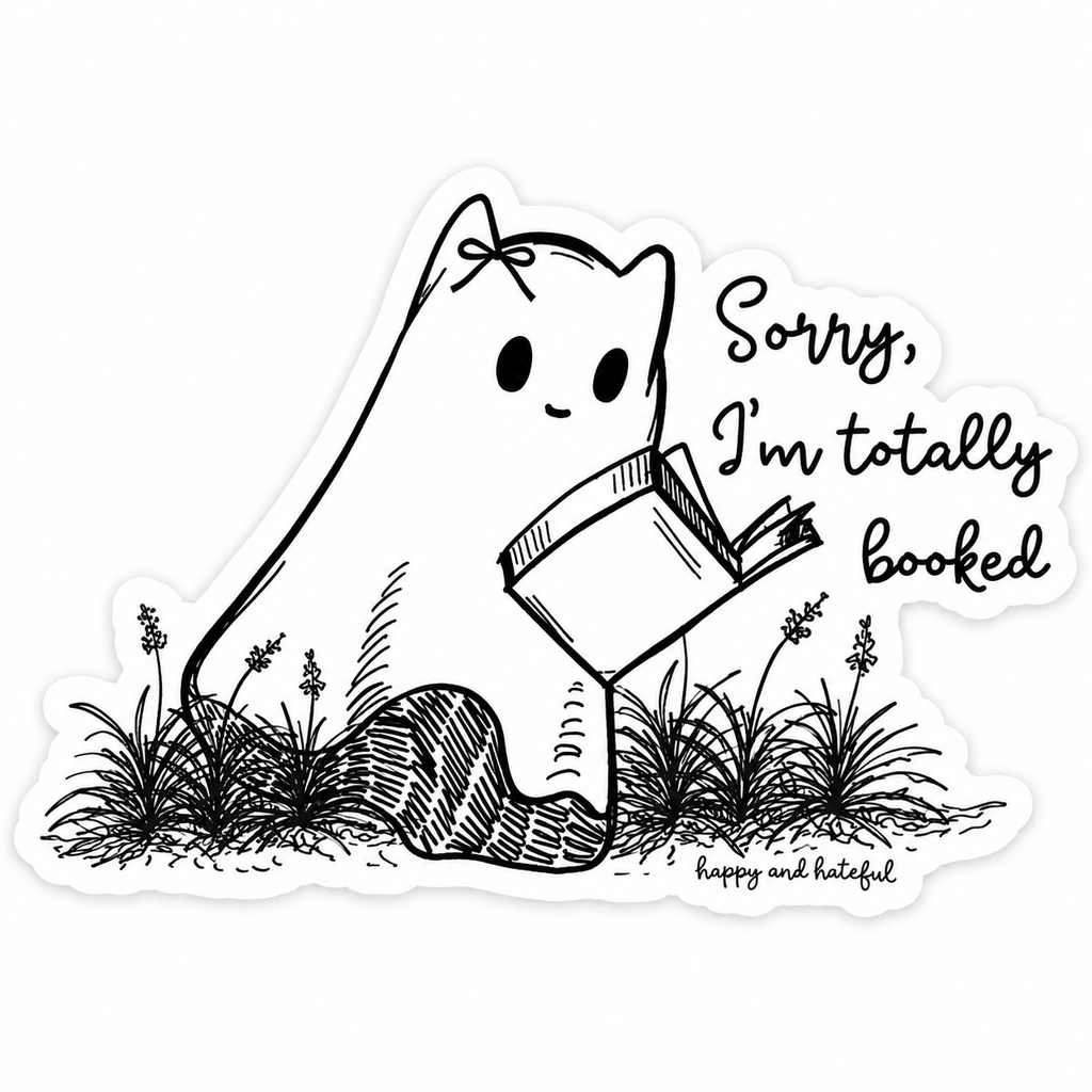 A die-cut sticker featuring a cute black-and-white cartoon ghost cat reading a book with the text "Sorry, I'm totally booked" on a white background.