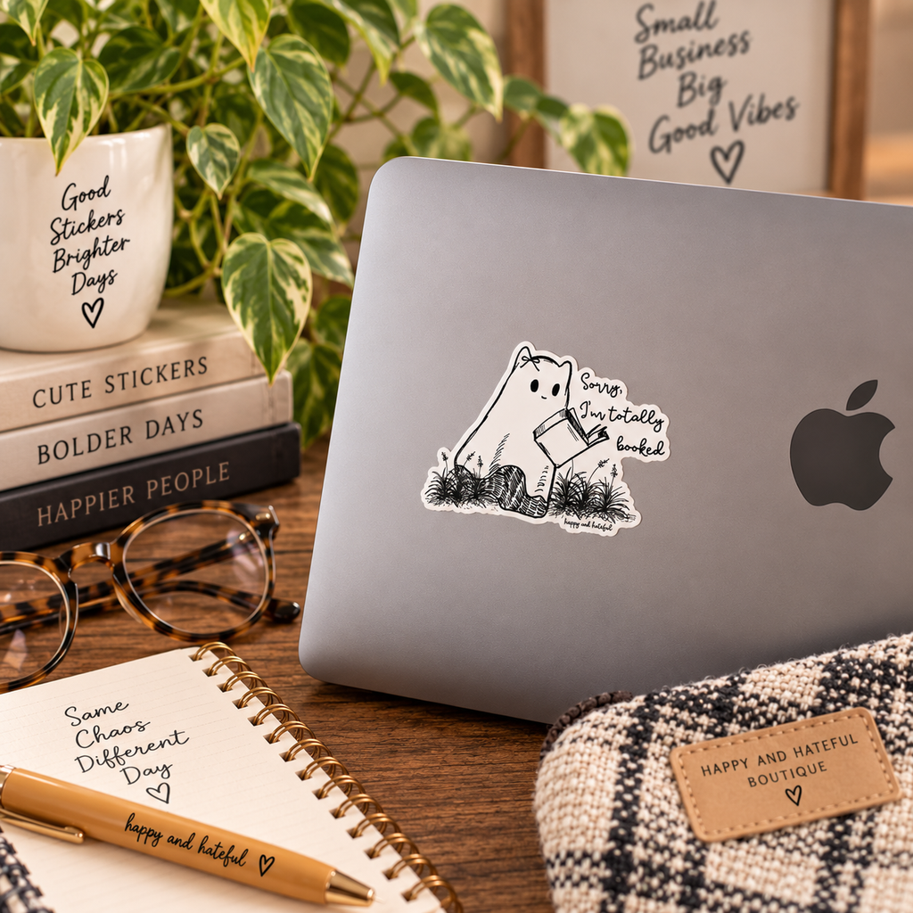 A die-cut sticker featuring a cute black-and-white cartoon ghost cat reading a book with the text "Sorry, I'm totally booked", placed on the back of a silver laptop. The laptop is styled in a cozy desk setting with a notebook, glasses, a plant, and other matching stickers.