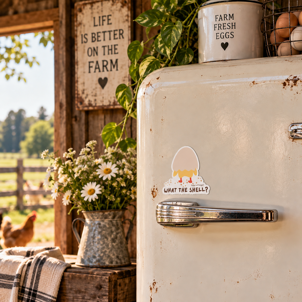 A small die-cut sticker featuring a cartoon eggshell cracking open to reveal the bottom half of a chicken, with the text 'WHAT THE SHELL?' applied to the handle of a vintage cream-colored refrigerator in a rustic farm-themed setting.