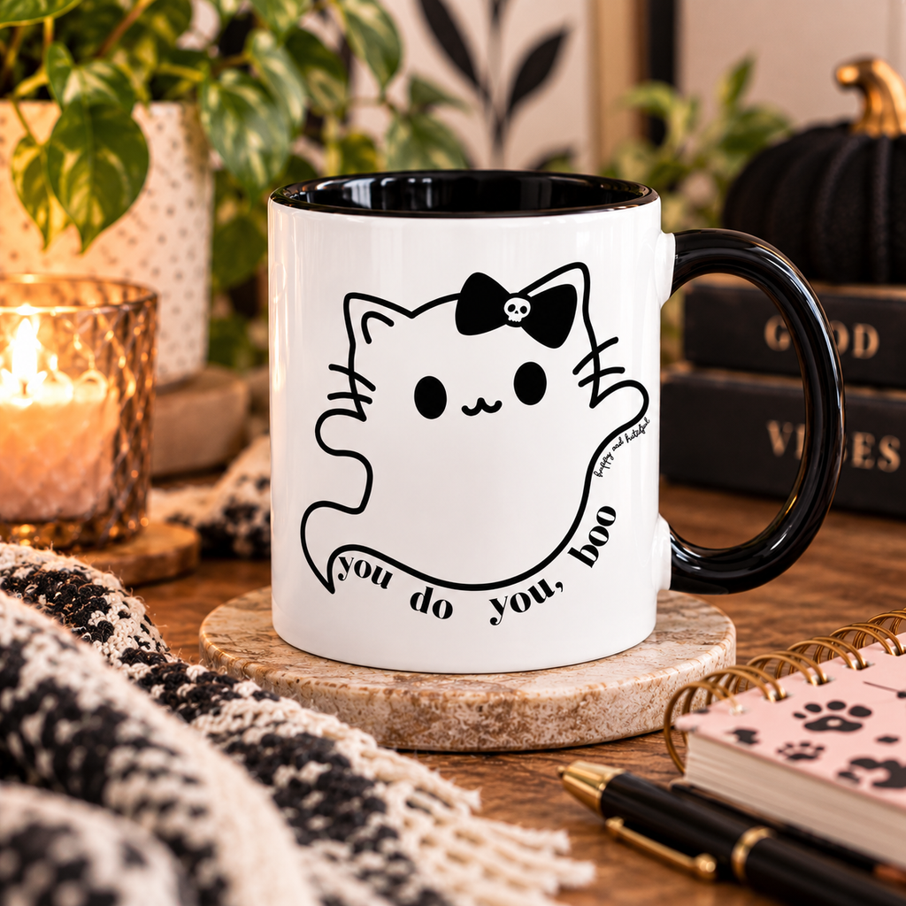 A white ceramic mug with a black interior and handle, featuring a cute black line-art cat ghost design with the text 'you do you, boo' wrapped around it. The mug sits on a wooden coaster on a rustic table surrounded by cozy lifestyle props including a lit candle, a knit blanket, books, and a notebook.