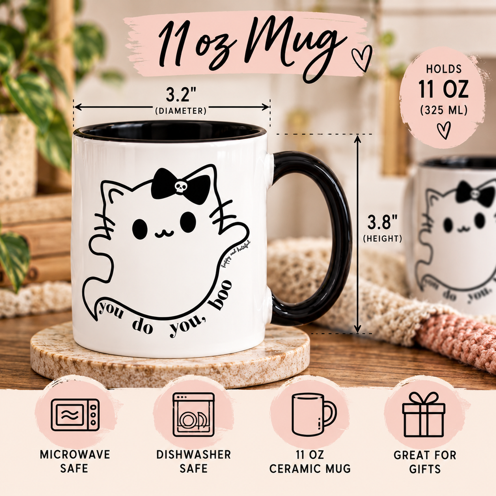 A white ceramic 11 oz mug with a black handle and black interior, featuring a ghost graphic with a bow tie and the text 'you do you, boo'. The image includes dimension markers showing 3.2 X 3.8.