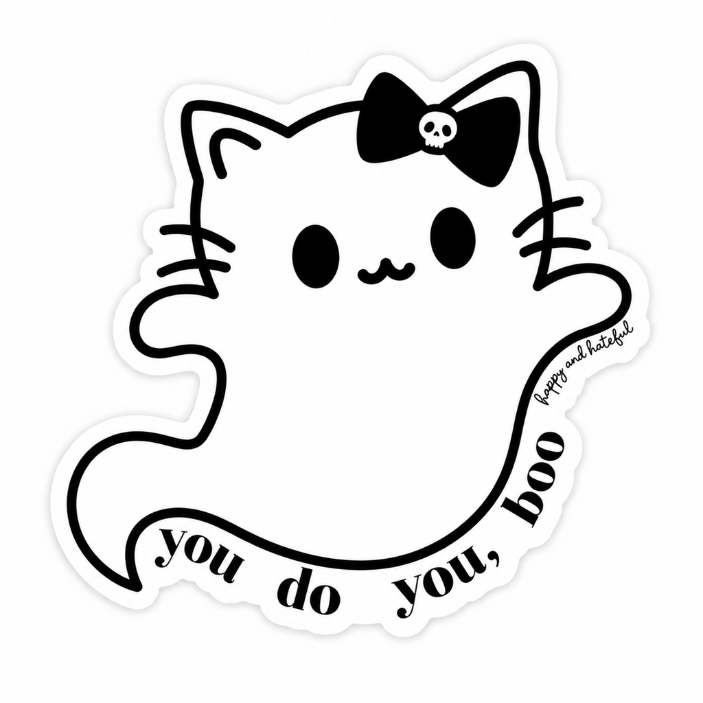 A die-cut vinyl sticker featuring a cute black and white cartoon ghost cat with a skull-adorned bow, above the text 'you do you, boo'.